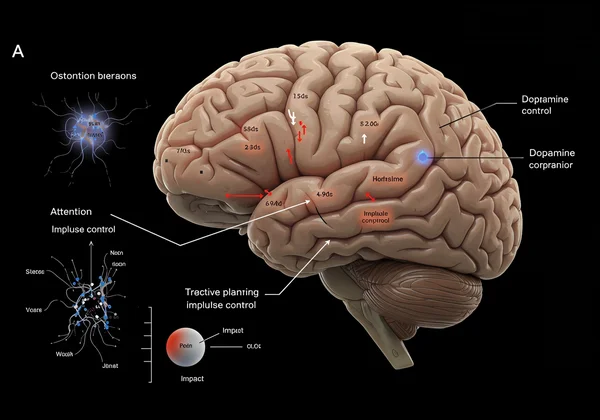 Scientific graphic of brain areas related to ADHD.