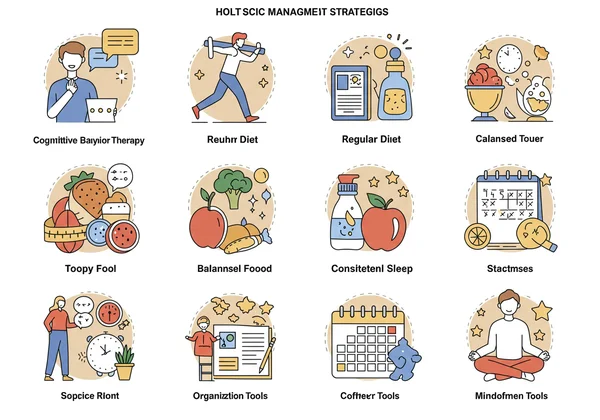 Icons symbolizing ADHD management like therapy, exercise, tools.