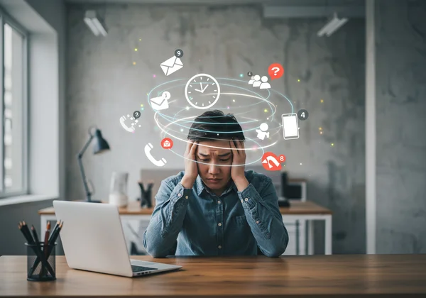 Person overwhelmed by tasks, emails, and distractions at work.