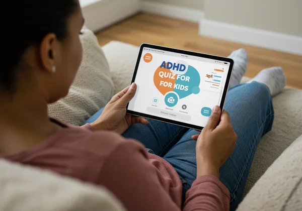 家长在平板电脑上为孩子进行在线多动症测试。
