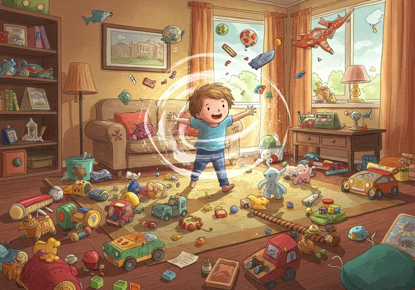 一个学龄前儿童在玩许多玩具,充满活力。