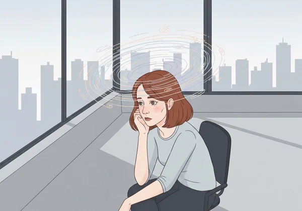 走る思考を抱える女性、内的なADHDの落ち着きのなさを象徴。