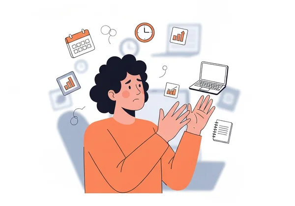 タスクに押しつぶされそうな人、ADHDの日常的困難を象徴。